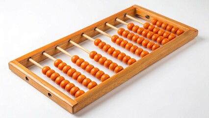 Closeup of a wooden abacus with orange beads isolated on white background, a traditional counting tool for mathematical calculations