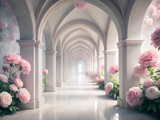 Elegant marble hallway with arches and pink flowers creating a romantic atmosphere
