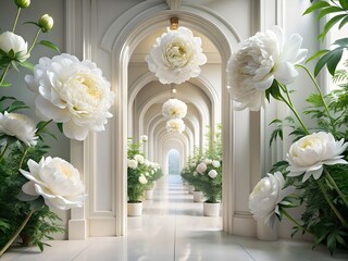 Elegant White Peonies Adorn a Grand Hallway with Arched Doorways