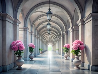 Elegant Archway Hallway with Pink Hydrangeas and Lanterns in a Formal Setting