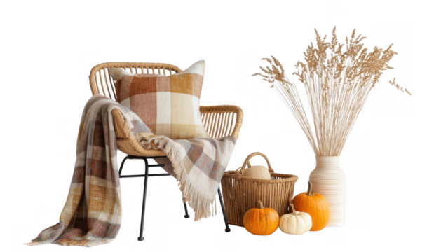 Autumn decor with stylish seating and pumpkins, created AI, PNG