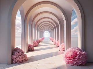 Elegant Arched Hallway with Pink Flowers and Soft Light for Wedding or Event