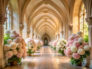Elegant Cloister Hallway Adorned with Hydrangea Flower Arrangements in Soft Light