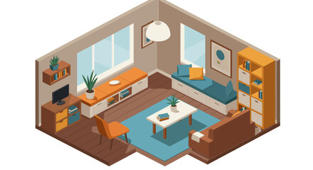 Cozy isometric living room interior with modern furniture and decor elements