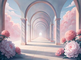 Dreamy Archway with Pink Flowers and Cloudy Sky in Pastel Colors