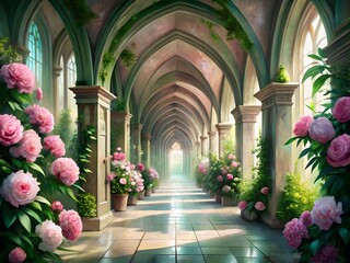 Enchanted Floral Hallway A Dreamy Passage with Pink Peonies and Arched Architecture