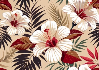 Seamless Tropical Floral Pattern with Hibiscus Flowers and Palm Leaves on Beige