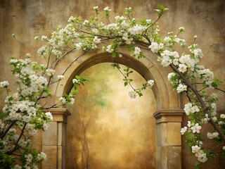 Blooming Archway A Romantic Springtime Portal with White Flowers and Soft Light