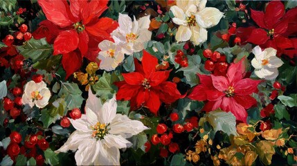 Vibrant red and white poinsettias bloom amidst lush greenery and bright berries, creating festive and cheerful atmosphere perfect for holiday season