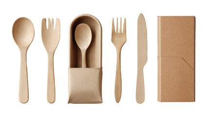Wooden cutlery set in a kraft paper package