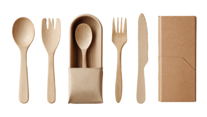 Wooden cutlery set in a kraft paper package