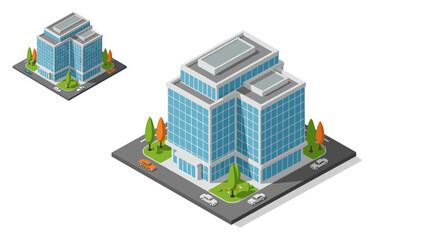 Modern isometric office building with trees and cars on a city street