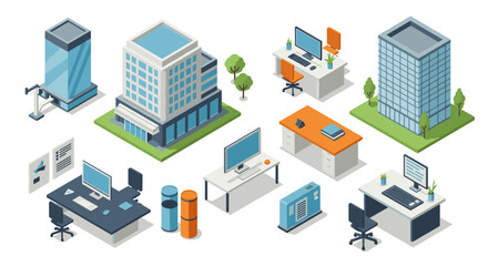 Obraz premium Modern isometric office buildings and workspaces with computer desks and furniture