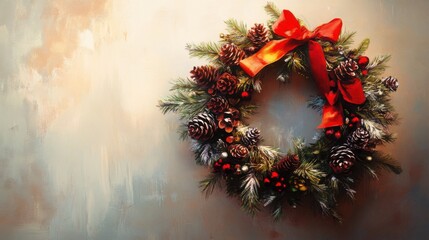 Beautiful Christmas wreath adorned with pinecones, red berries, and vibrant red ribbon, perfect for festive decoration and evoking holiday cheer