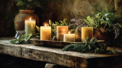 Serene arrangement of candles surrounded by greenery creates warm and inviting atmosphere, perfect for cozy setting. soft glow of flames enhances rustic charm of wooden table