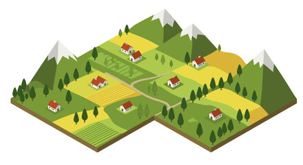 Isometric rural landscape with fields and houses in mountain valley