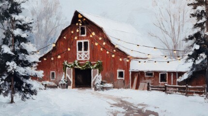Charming red barn adorned with festive lights and greenery, surrounded by serene winter landscape covered in snow. scene evokes warm, cozy holiday spirit