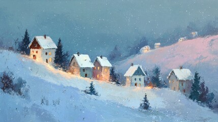 Serene winter landscape features charming houses blanketed in snow, illuminated by warm lights. scene evokes peaceful, cozy atmosphere, perfect for holiday season