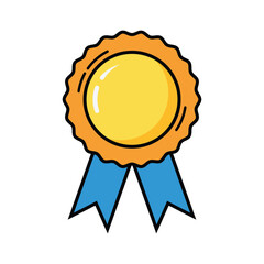 Golden award badge with blue ribbon for winner