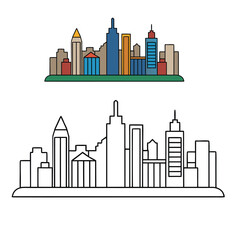 Fototapeta premium A detailed city skyline coloring page featuring tall skyscrapers, bridges, and urban architecture, perfect for relaxing, creative coloring and imaginative city scenes. 