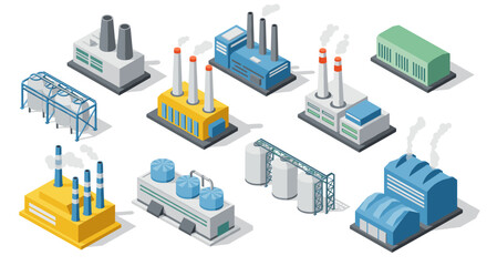 Obraz premium Industrial buildings set in isometric style with factories and warehouses