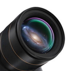 Camera lens reflecting the universe isolated on transparent background