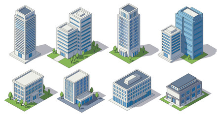 Modern isometric office buildings collection featuring urban architecture