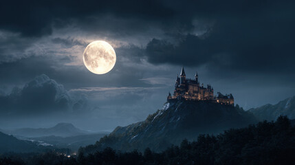 A dark gothic castle illuminated under a glowing full moon on a misty night