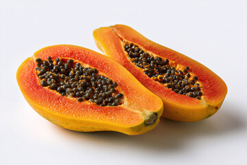 Fresh ripe papaya sliced open with seeds visible, isolated on white background, high-resolution studio shot