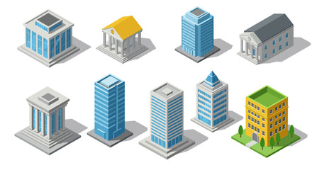Isometric cityscape set with diverse buildings and modern architecture