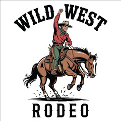 Wild West Cowboy Riding Bucking Horse Rodeo Vintage Western Illustration