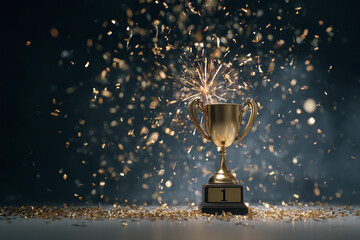 Gold trophy on 1st place podium under night sky with fireworks and confetti, vibrant celebration for awards or New Year