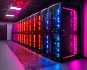 Rows of server racks in a data center, lit with colorful LED lights