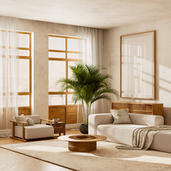 Scandinavian living room interior with large windows and indoor plant. 3D illustration