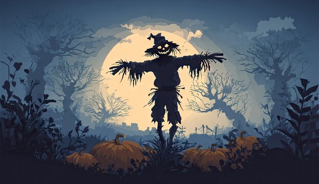Silhouetted scarecrow at night, pumpkins, spooky trees