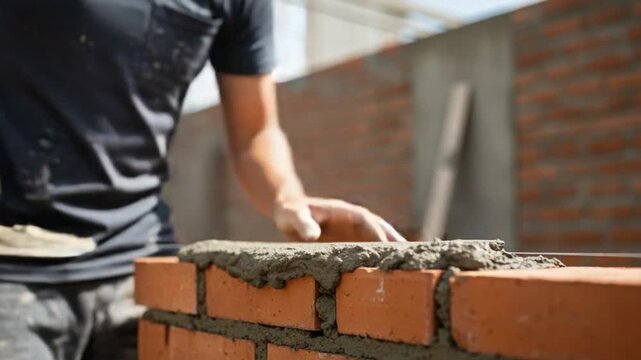 Bricklayer laying red bricks with cement mortar on construction site