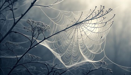 Ethereal Spiderweb Adorned with Morning Dew Glistens Amidst Misty Blue Hues in Nature's Serene Embrace