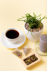 Cup of black tea, home plant rhipsalis, candle and tea leaves in a beautiful composition on beige background. Tea time. Tasty hot tea. Cozy atmosphere.