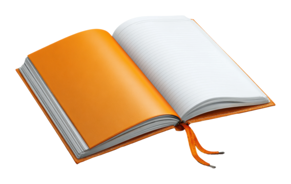 Creative writing inspiration open orange notebook still life isolated on transparent background