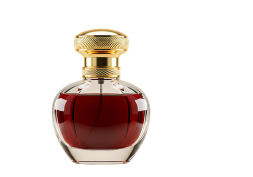 Elegant glass bottle with dark red liquid and gold cap isolated on transparent background