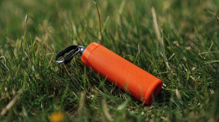 Bright orange hand grip exerciser with strap lying on vibrant green grass outdoors