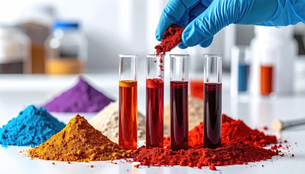 Scientist conducting chemical experiment with various colored powders and test tubes.