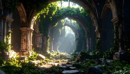 Fototapeta premium Walking Through Ruins Overgrown with Plants and Arches