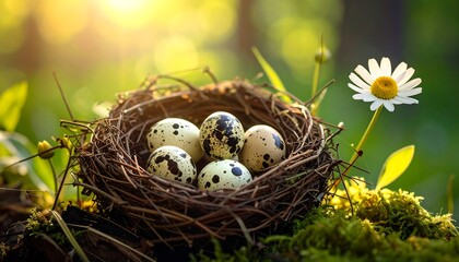 Obraz premium Nest of speckled eggs in sunlight