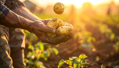 Obraz premium Hands holding freshly harvested potatoes in a field at sunset