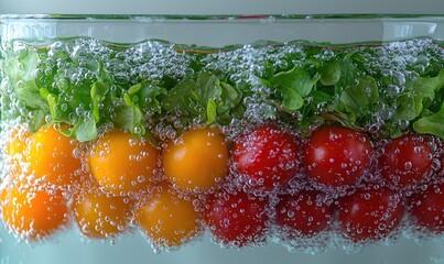 Fresh cherry tomatoes and lettuce in water with bubbles