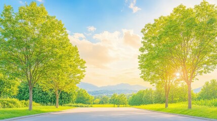 Naklejka premium Peaceful summer nature landscape with trees, road and sunlight under a blue sky. Tranquility and green environment. Scenic outdoor meadow, vibrant park, lush countryside, ideal for vacation, tourism