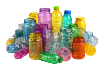 Recycling initiative colorful plastic bottles and jars urban isolated on transparent background