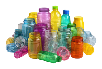 Recycling initiative colorful plastic bottles and jars urban isolated on transparent background