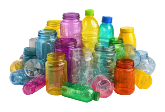Recycling initiative colorful plastic bottles and jars urban isolated on transparent background
